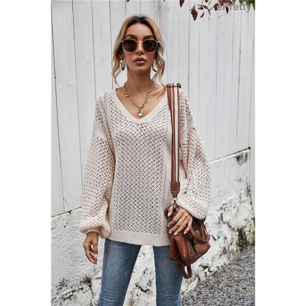 NEW Open Knit V-Neck Lightweight Sweater- Oat